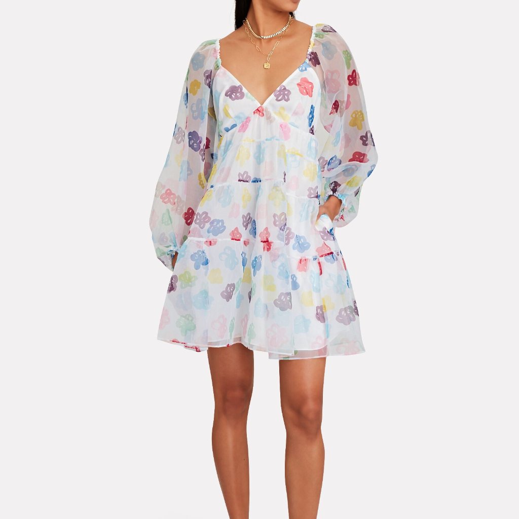 Staud White Mini Dress With Pastel Multicolor Floral Motifs